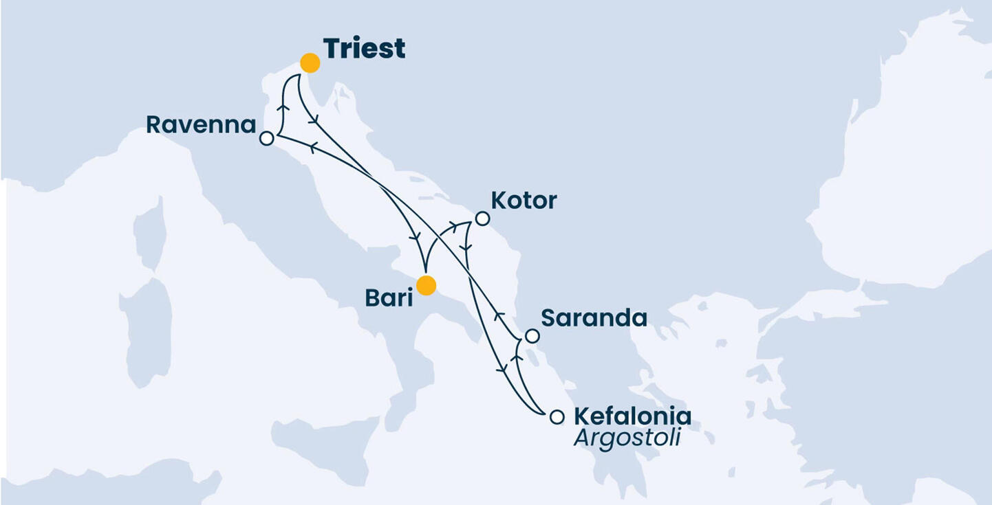 Die Reiseroute der Schlagerseereise 2027 mit Start Triest und Bari nach Kotor, Saranda, Kefalonia und Ravenna